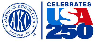 Logo featuring the American Kennel Club emblem and text celebrating USA 250.