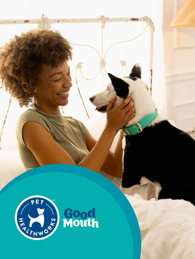 Woman petting a dog with Pet HealthWorks Good Tummy logo
